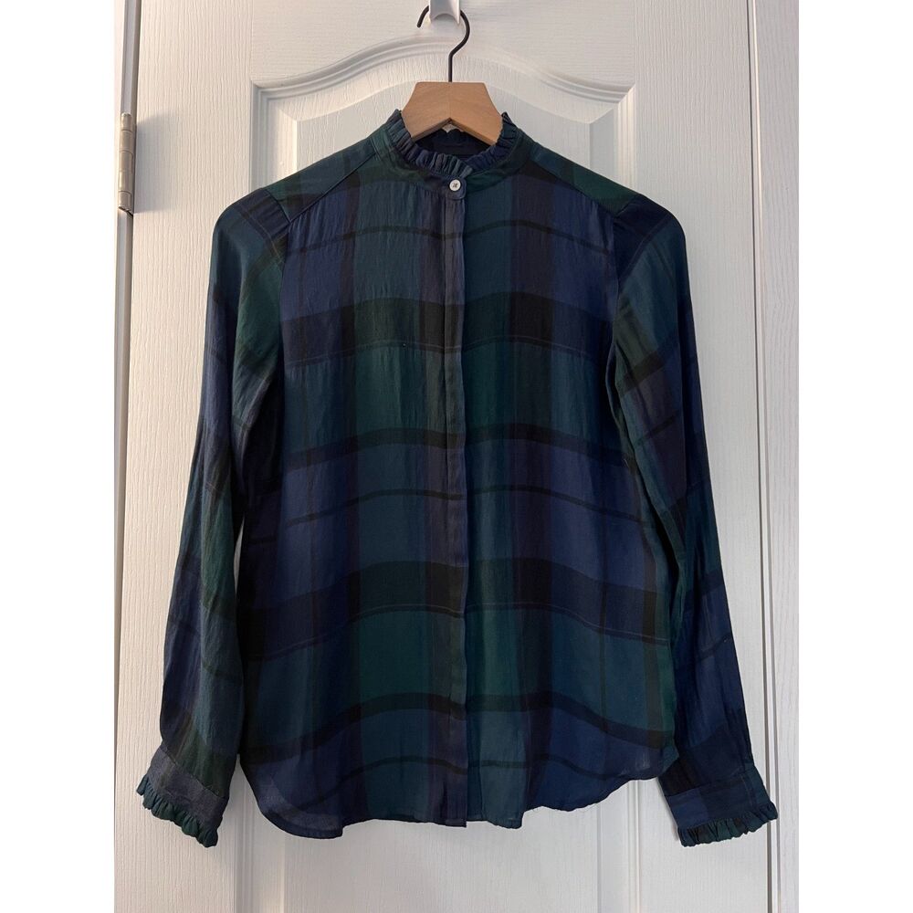 LOFT Petites Green Blue Tartan Plaid Button Up Shirt Ruffle Trim Women's XXSP